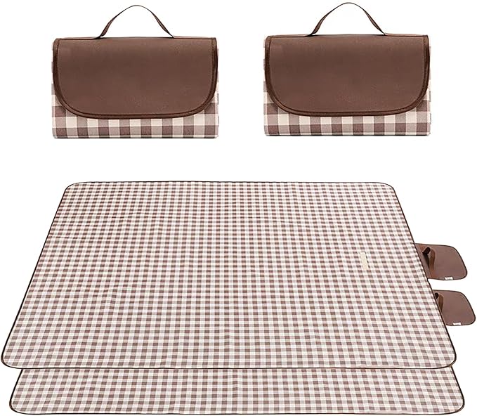 Wind Tour Waterproof Picnic Blanket with Carry Strap - Foldable Sandproof Outdoor Mat for Camping, Beach, Park - 59" x 71",Coffee Grid (Two Mat Set)