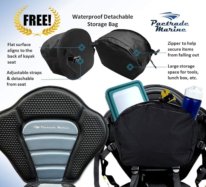 Pactrade Marine Adjustable Straps Black Gray Padded Deluxe Kayak Seat Detachable Storage Back Backpack Bag Canoe Backrest Support Cushion Sit On Top Fishing Brass Clips Canoeing Kayaking Rafting (2)