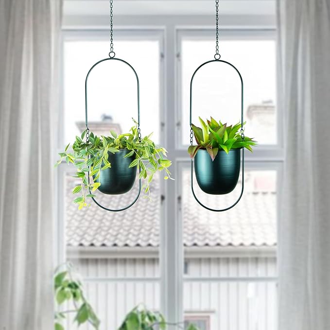 Modern Metal Hanging Planters with 6 Inch Pots and Sleek Chains - Set of 2 Oval Geometric Plant Hangers - Black Wall and Ceiling Mount Flower Holders for Indoor Décor