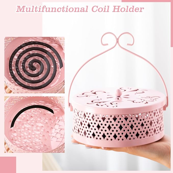Lallisa Incense Coil Holder Sets, Round Metal Hanging Incense Burner with Handle and Lid, Portable Coil Burner Stand Container for Patio Camping Garden Home Indoor Outdoor Decor(Pink,4 Pcs)