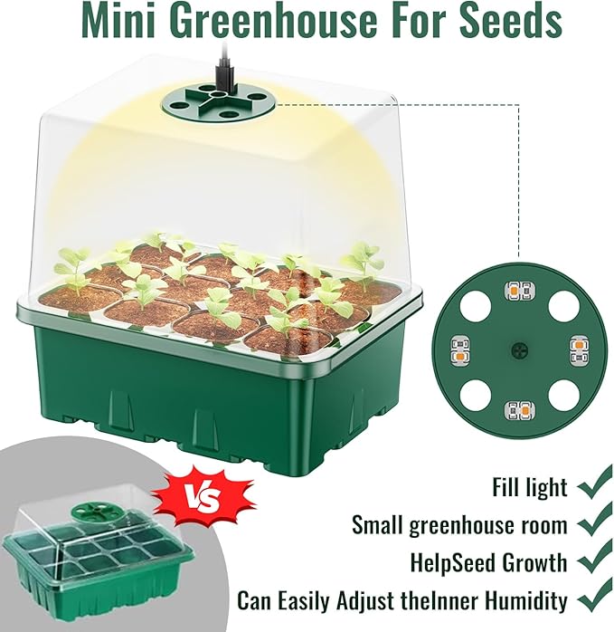 NBPLUS Seed Starter Tray with Grow Light, 5 Pack 60 Cells Seed Starter kit with Humidity Dome and Base, Plant Seedling Trays Indoor Greenhouse Gardening (Green 5 Pack)