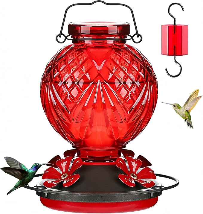 Glass Hummingbird Feeder for Outdoors Hanging, 20oz Bird Nectar Feeder with 4 Bee Guard Flower-Shaped Feeding Ports & Built-in Ant Moat, Easy to Clean, for Bird Lover,1 Pack, Red