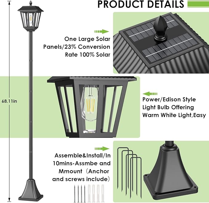 Greluna 68" Solar Lamp Post Lights 2Pack, Outdoor Post Lights Waterproof, Pole Lights Outdoor, Decorative Lamp for Garden, Patio, Lawn, Pathway, Driveway, Front/Back Door, Warm White (2)