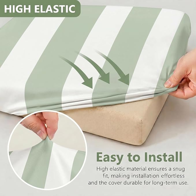 CALBODE 12 Pcs Outdoor Seat Cushion Covers, Green Striped Stretch Chair Seat Cover for Patio Furniture Cushions Washable Reusable Indoor and Outdoor Couch Cover Replacement (Grassy, Cover Only)