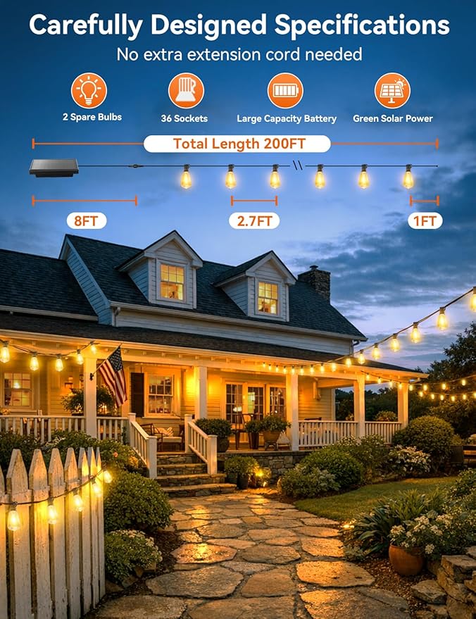 Brightever 200FT Solar String Lights Outdoor Waterproof, Patio Lights Solar Powered with Remote, 72+2 Shatterproof ST38 LED Bulbs, Dimmable&Timable Solar Lights for Outside Wedding Decor