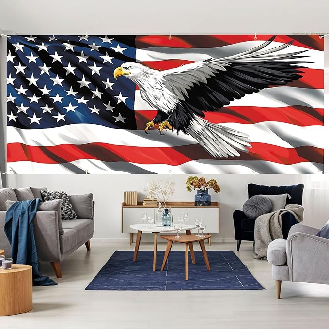 7 * 16FT Eagle USA Flag 4 of July Garage Door Cover Decorations Independence Day Garage Door Banner for Outdoor Indoor Patriot Party Photography Backdrop