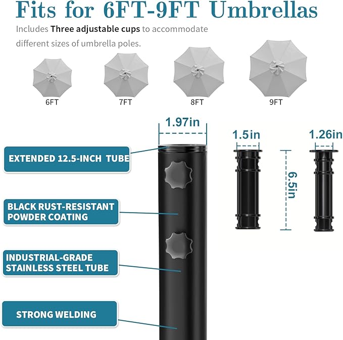 Umbrella Base, Heavy Duty Patio Umbrella Stand with 5 Wheels, Max 100lb Fillable Mobile Outdoor Base, Pole Holder 2 Knobs, UV Resistant and Windproof Design for Patio, Deck, Poolside, Lawn(19 in)