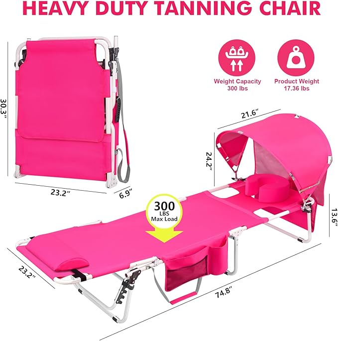 Tanning Chair with Sun Canopy Face Hole Softer Padded Adjustable Washable, Heavy Duty Layout Folding Lounge Chair for Adults Outside Beach Reading Sunbathing Poolside, UPF 50+ Sun Shade, Pink, 300 LBS