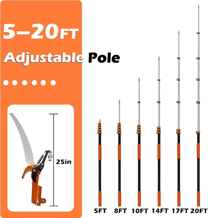 5-20 FT Extendable Manual Pole Saw, Tree Trimming Pruner with Flip & Screw Dual Lock, Adjustable Long Handle High Reach Cutter for Yard & Garden