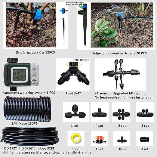 Drip Irrigation System with Water Timer 162ft Drip Irrigation Kit 5/16“ID and 1/4 Inch Pipe Auto Watering System for Garden Adjustable Spray, for Greenhouse, Garden, Lawn, Potted Plants Black