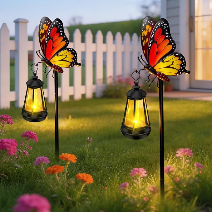 ZFNN Solar Garden Decor Lights Outdoor Waterproof, Metal Butterfly Stakes with Solar Lanterns, Decorative Yard Art for Outside Patio Lawn Ornaments, Gifts for Women Mom（2Pack）