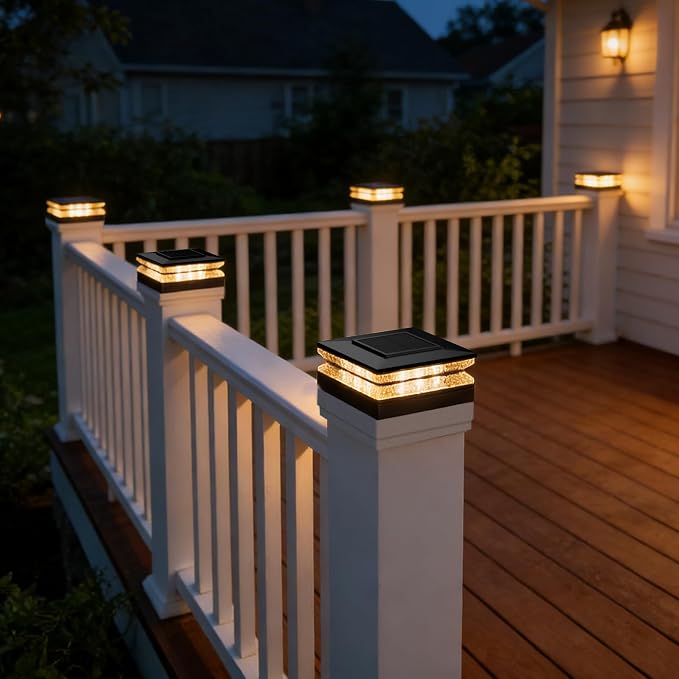 Solar Post Cap Lights, 6 Pack Deck Fence Cap Light for 4x4 5x5 Wood/Vinyl Posts, 3 Color Modes, LED Deck Post Lights Solar Powered Waterproof, for Patio Porch Garden Decoration, Black