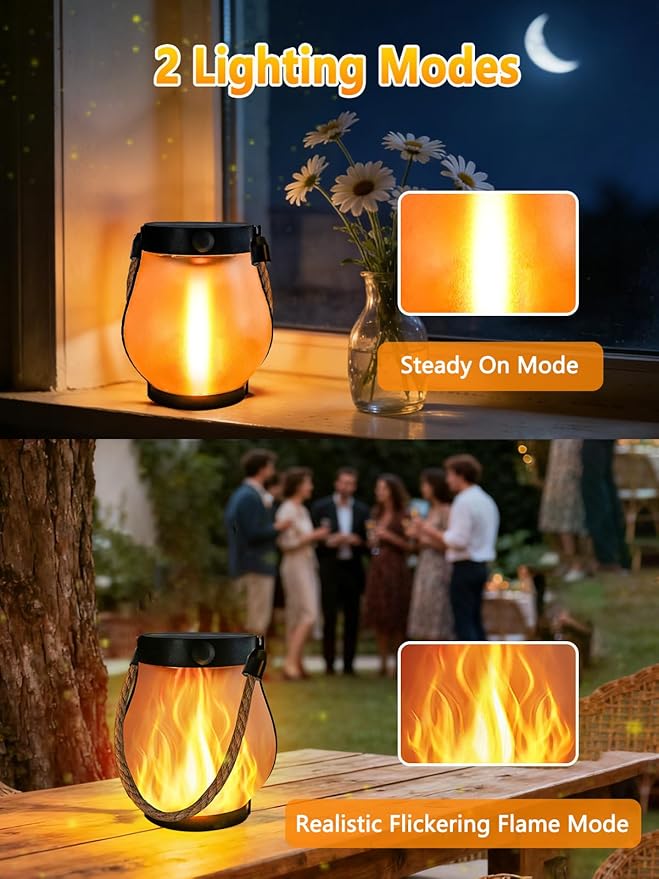 2 Pack Solar Lights Outdoor Waterproof, Solar Lantern with Dancing Flame, 2 Lighting Modes, Dual Charging USB & Solar Powered, with Hanging Rope Handle for Patio Yard Camp Garden Tree Tabletop Decor