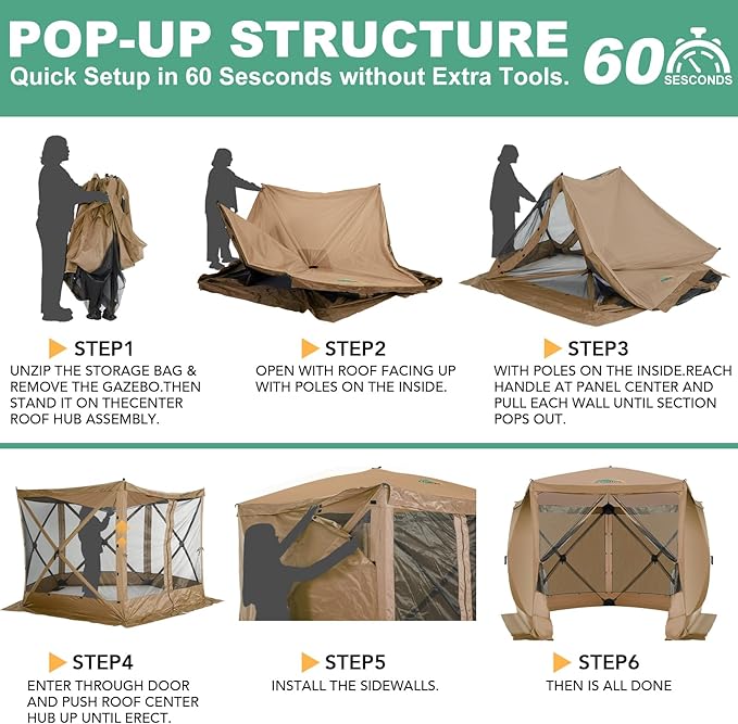 COBIZI 10x10 FT Pop up Gazebo, Popup Canopy Tent, Screened in Gazebos with sidewalls, Waterproof Portable Outdoor Small Screen Tents Sun Shelter,carpas para Patio for Camping,Garden,Backyard,Khaki