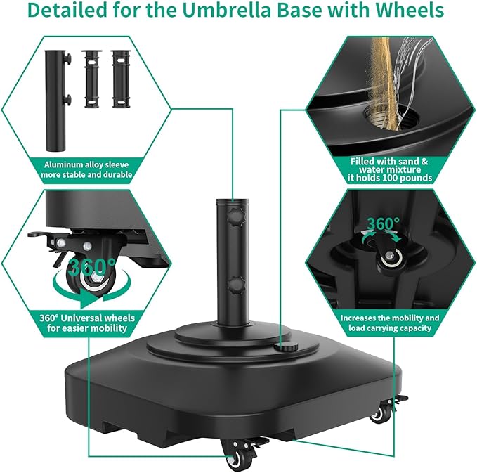 QZER Umbrella Base with 5 Wheels, Upgraded 145lb Umbrella Stand Base, Heavy Duty & Windproof, Fillable Umbrella Base Mobile Umbrella Outdoor for Patio, Deck, Poolside, Lawn, Fits Most Sized Umbrellas
