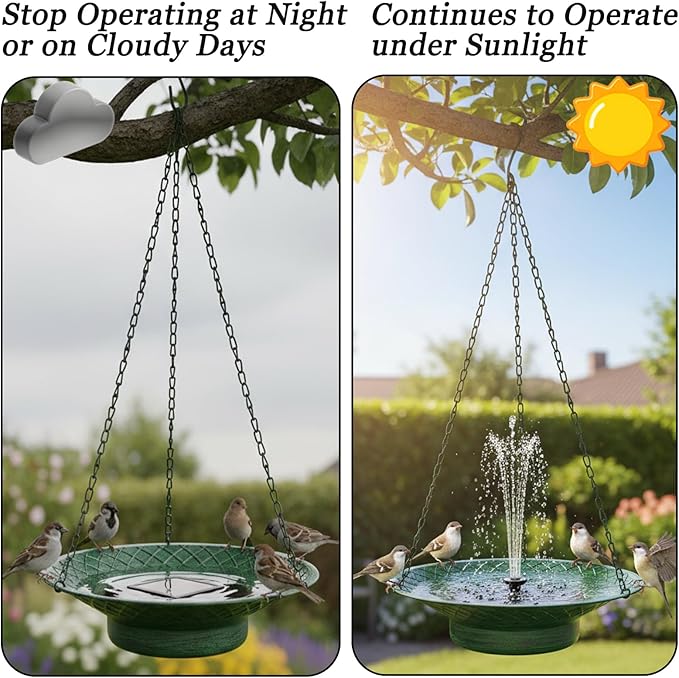 Hanging Bird Bath with Solar Fountain, 12.6" Solar Powered Bird Bath, Metal Hummingbird Fountain Bird Bath for Garden, Patio, Lawn Decor, Green