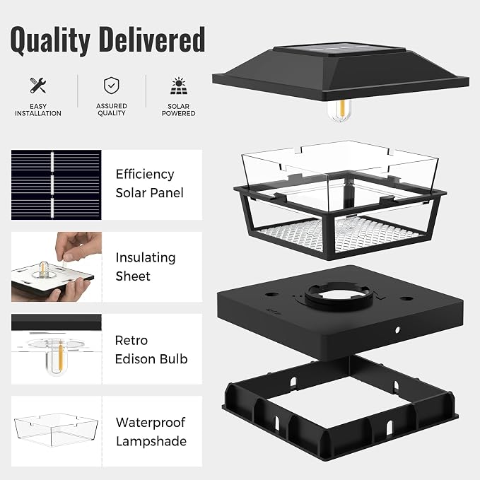 btfarm 4x4 Solar Post Cap Lights, 4 Pack Fence Deck Post Lights Outdoor Solar Powered Waterproof with Edison LED Bulb, Fits 4x4, 3.5x3.5 Wooden & Vinyl Posts for Porch Patio Yard(Warm White, Black)
