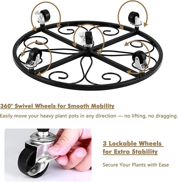 4 Pack Plant Caddy with Wheels 20 Inch Rolling Plant Stand for Large Plants Heavy Duty Plant Rollers Metal Plant Dolly Rustproof Planter Stand Wrought Iron Plant Stands Flower Cart Outdoor