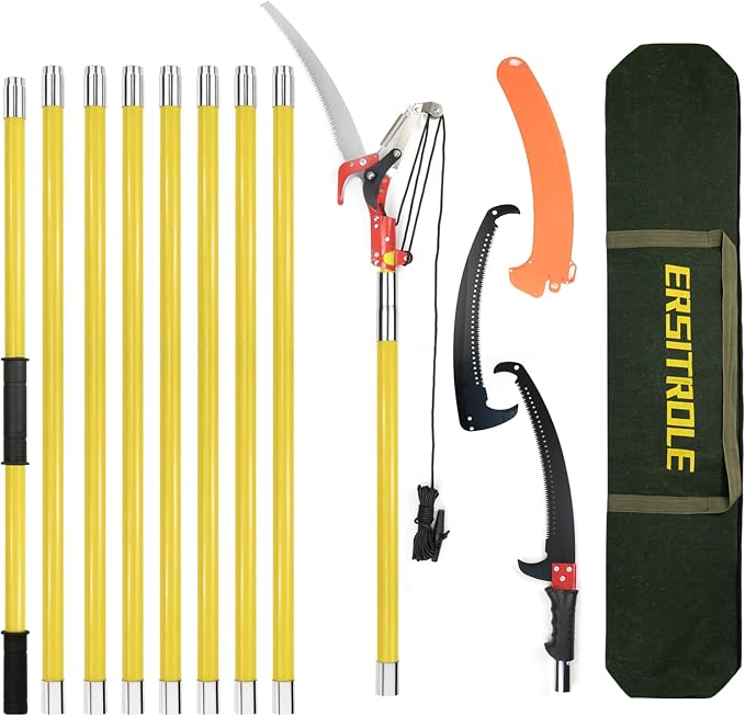 Manual Pole Saw, 30 ft Extendable Tree Pruner, Sharp Steel Blade and Scissors High Branches Trimming, Pole Saws for Tree Trimming, Tree Trimmers Long Handle Pruner