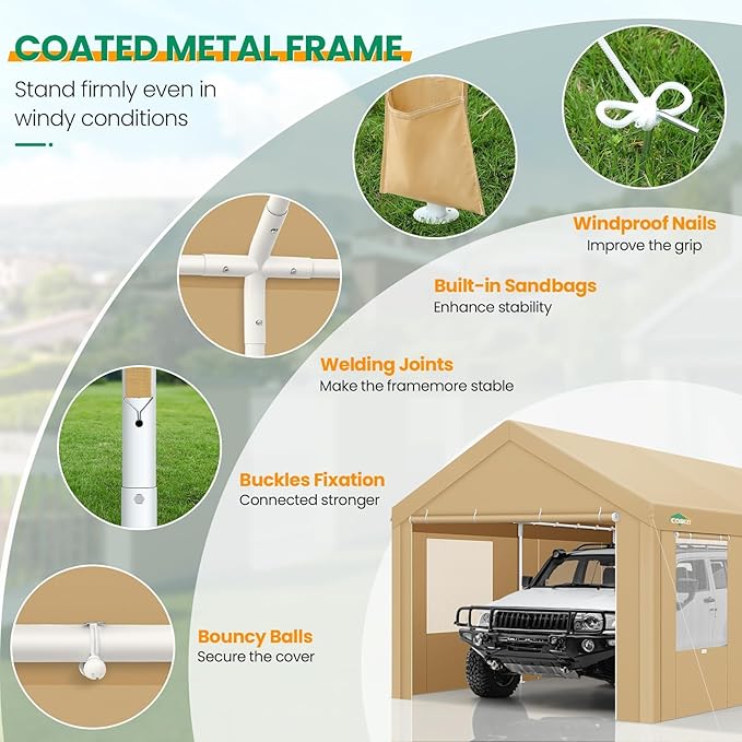 COBIZI 10x20 FT Heavy Duty Carport with Galvanized Frame, Carport Canopy with Roll-up Windows, Storage Tent with Removable Sidewalls & Doors, Built-in Sandbags for Car, Boat, Truck, Khaki