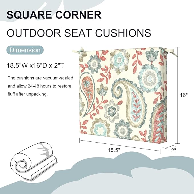 DYTXIII Set of 4 Outdoor Chair Cushions, Water Resistant 18.5"x16"x2" Square Seat Cushion for Patio Dining Chairs, High-Density Replacement Pads for Indoor Outdoor Furniture - Paisley Vintage