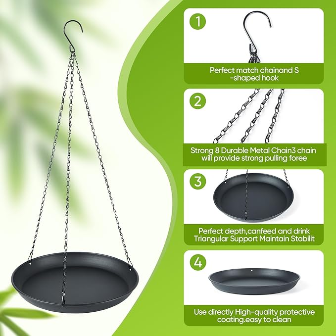 2-Pack Hanging Bird Bath, Outdoor Metal Birdbath with Shallow Feeder Bowl for Wild Birds, Garden, Patio, Deck & Yard, 2 Size (9.8"/11.8" Diameter) (9.8IN-2PACK)