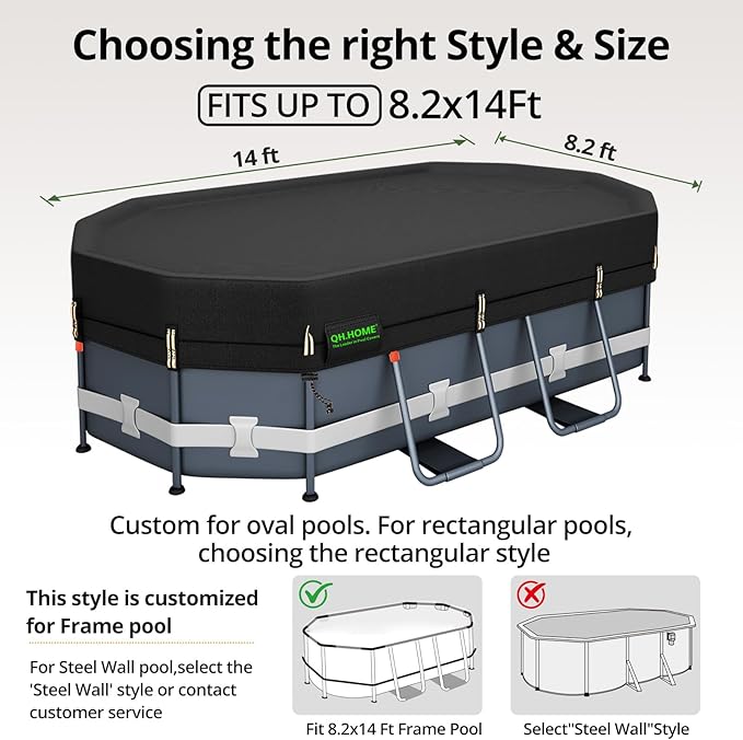 QH.HOME 550D 8.2x14 Ft Oval Pool Cover [Upgraded Tear Resistant&Quadruple Windpoof] wth Pre-Installed Patented Winch and Rope, Pool Covers for Above Ground Pools Oval-Snug Fit & Waterproof Protection