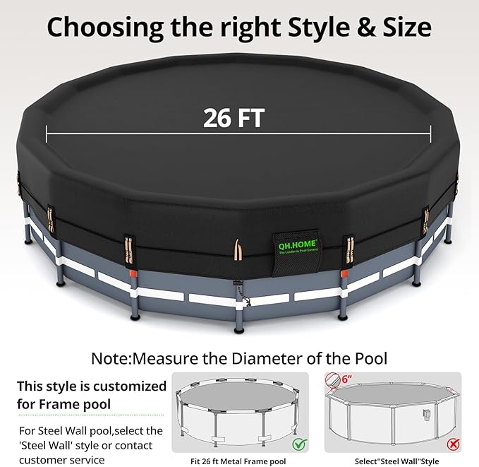 QH.HOME 550D Pool Cover 26 ft Round Above Ground [Upgraded Tear Resistant & Quadruple Windproof] wth Pre-Installed Patented Winch and Rope-Snug Fit & Waterproof Protection