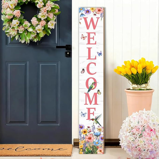Hummingbird Welcome Sign for Front Door, Summer Porch Sign Tulip Flowers Outdoor Yard Sign Seasonal Tall Floral Welcome Porch Sign Wildflowers Wood Door Sign for Garden Patio Wall Home Decor