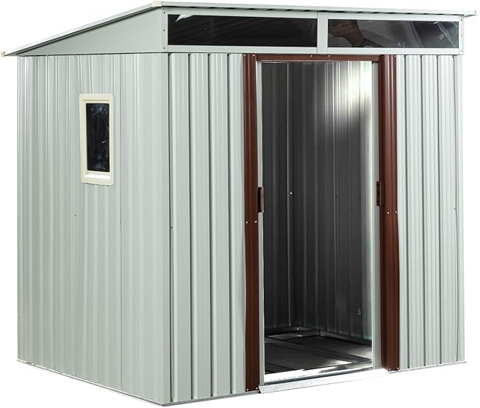 6FT x 5FT Outdoor Storage Shed, Heavy Duty Galvanized Steel Garden Shed with Sloped Roof, Sliding Lockable Doors, Punched Vents & Foundation Kit, Weather Resistant Tool Shed, White with Window
