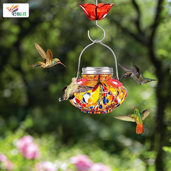 BOLITE Hummingbird Feeders for Outdoors, Hand Blown Top Fill Hummingbird Feeder, Glass Mason Jar with 4 Flower Feed Ports, Easy to Clean, Leak Proof, Bee Proof, Ant Moat, Orange, Gift for Bird Lovers