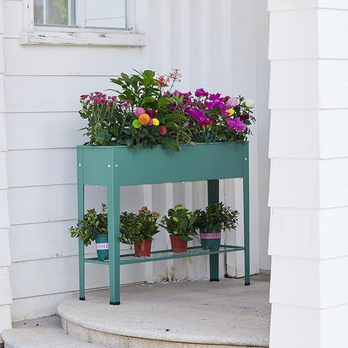 Raised Garden Bed, Elevated Green Metal Plant Box with Legs, Standing Garden Stand with Drainage Holes (40" L x 11" W x 31" H)