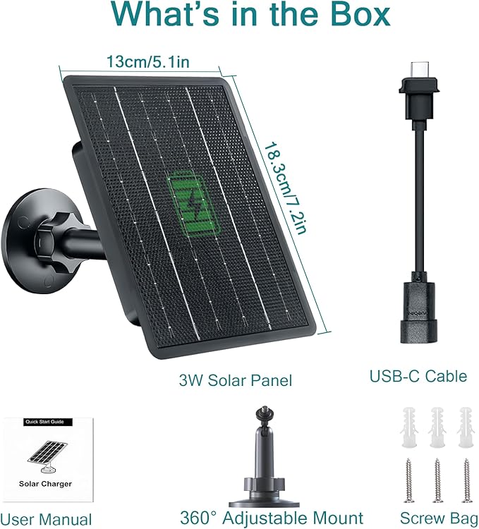 Zivif 3W Solar Panel for Blink Outdoor 4/3/XT/XT2 Camera, Solar Charger with Micro USB & USB-C Adapter, 7.2ft Power Cable, IP66 Waterproof, 360° Adjustable Mount
