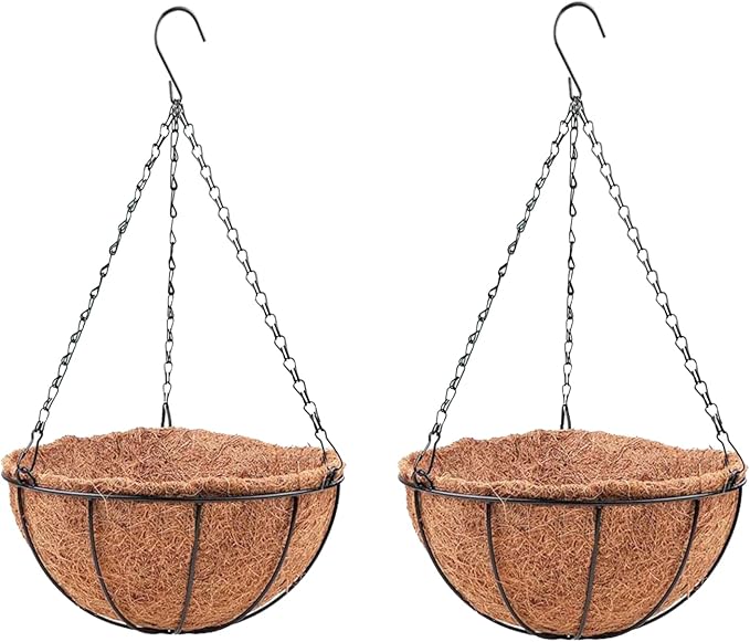 LaLaGreen Hanging Baskets for Plant Outdoor (18 Inch, 2 Pack) Extra Large Black Metal Wire Hanging Planter with Coco Liner Round Flower Pot Holder Hanger Deck Porch Modern Garden Balcony Country Decor