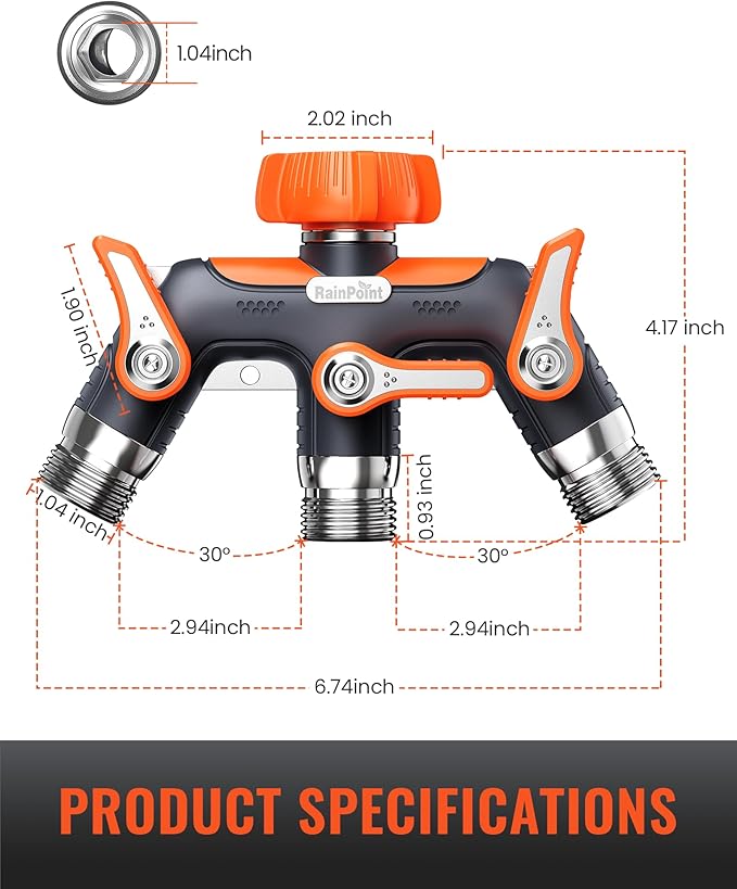 RAINPOINT 3 Way Hose Splitter, 100% Metal Heavy Duty Garden Hose Splitter With 1.9" Extra Long Handle & Individual Shut Off, 3/4 Inch GHT Thread Water Hose Connector For Spigot Faucet (Orange)
