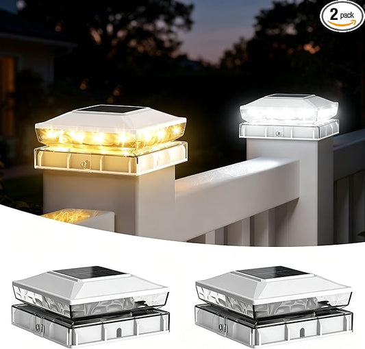 KEILAIMO Solar Post Cap Lights Outdoor, 2 Pack Upgraded Waterproof Deck Fence Post Solar Lights for 3.5x3.5 4x4 5x5 Vinyl/Wood Posts, 10-12 Hours Warm/Cool White Glow for Garden/Patio/Porch - White