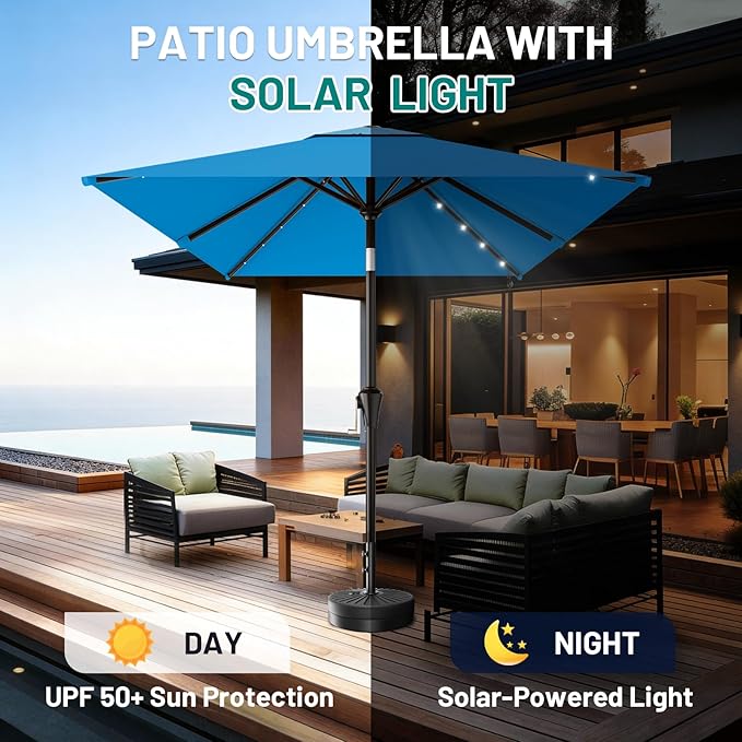 AreShark 6.5' x 10' Rectangular Patio Umbrella with Solar Lights, Solar Powered Lighted Market Umbrella w/Tilt and Crank, Outdoor Table Umbrella for Garden, Deck, Backyard, Pool and Beach, Royal Blue