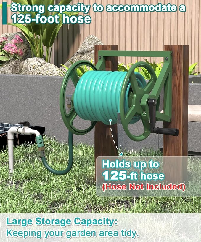 Artigarden Garden Hose Reel Wall Mounted, Outdoor Heavy Duty Powder Coated Metal Water Hoses Holder Winder Holds 125 ft 5/8" Hoses with 3.9ft Leader Hose, Stainless Steel Connector for Outside, Green