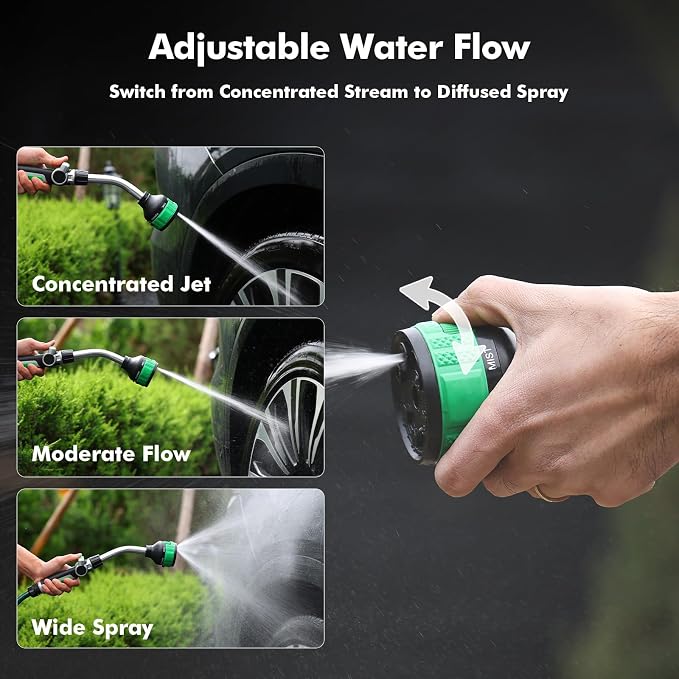 RESTMO 2-in-1 Watering Wand, Heavy Duty Metal Garden Hose Wand with 9 Spray Patterns, Multi-Function Hose Nozzle Sprayer with Thumb Flow Control, Ideal to Water Hanging Baskets and Shrubs, Green