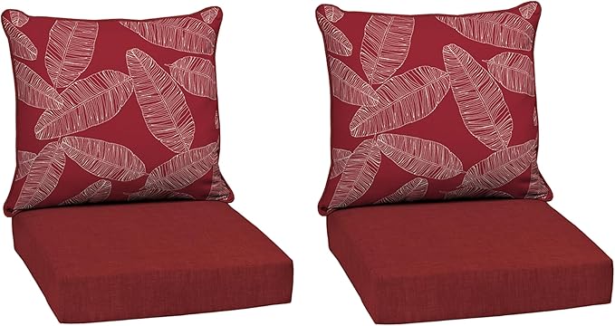 Arden Outdoor Deep Seat Cushion Set (2-Pack), 24 in x 24 in, Weather-Proof, Rain-Proof, Fade Resistant Patio Cushion for Chair, Sofa, and Couch Red Leaf Palm