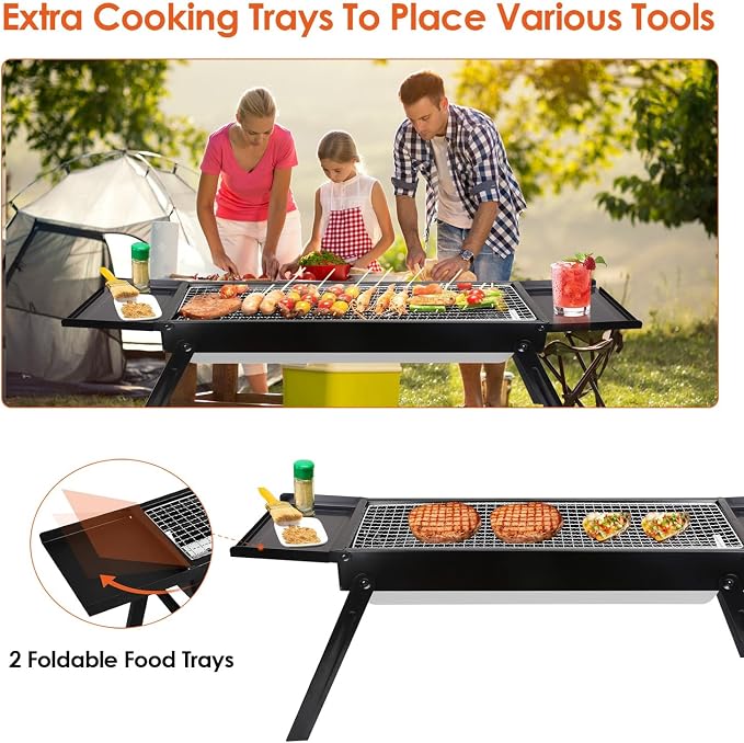Foldable BBQ Grill, Small Charcoal Grill with Side Shelf Stainless Steel Net, Portable Tabletop Barbecue Grill for Camping Picnic Outdoor Party Garden (22 x 9 x12in)