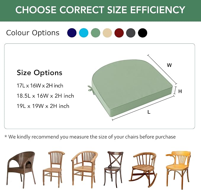 Outdoor Chair Cushions Set of 2: Waterproof & Fade Resistant Patio Furniture Cushions - 17 x 16 x 2 Inch Non Slip Round Corner Seat Cushion Pads with Removable Cover for Garden Yard Lawn, Sage Green