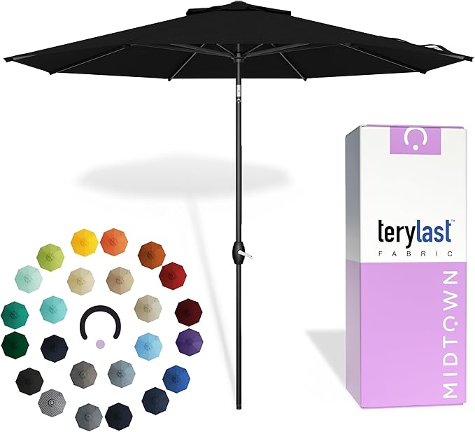 Midtown Umbrellas - 10-Year-No-Fade 10 Ft Patio Umbrella with Terylast Fabric, Auto-Tilt Aluminum Frame and 8 Reinforced Ribs for Deck, Pool, Garden & Beach - Ebony Black Canopy, Black Pole