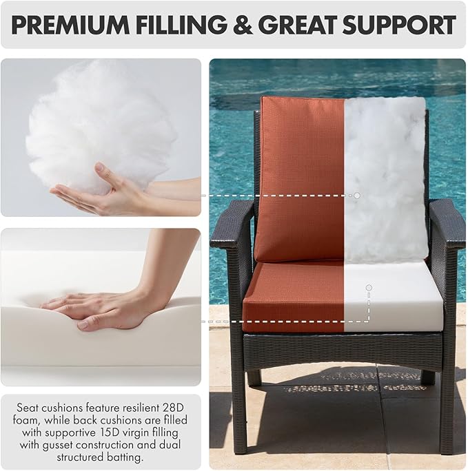MIULEE Burnt Orange Outdoor Dining Cushion 20x20 Inch Waterproof & 3 Year Color Fastness Deep Seat and Back Cushion for Patio Furniture Chair with Ties