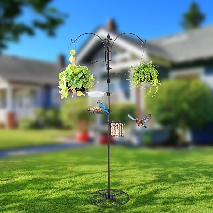 MorningRo Adjustable Shepherd Hook Stand, 34"- 55" Black Iron Shepherd Hook with Base for Plant Hanging, Wind Chime & Bird Feeder - Outdoor Garden Porch Decoration(Classic Style)