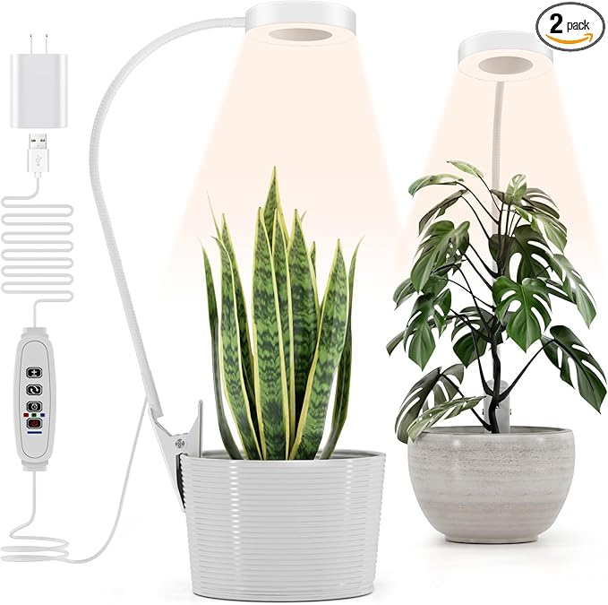 Pot Clip on Grow Lights for Indoor Plants Full Spectrum,LED Plant Lights For Indoor Growing,10-Level Dimmable & Timer,Adjustable Gooseneck Plant Grow Light for Small Plant,Succulents,White 2 Pack