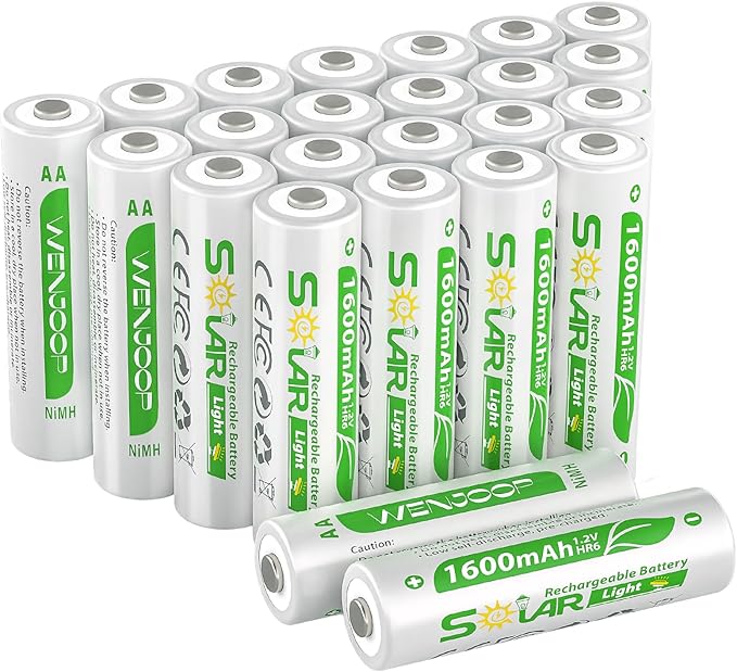 24 Pack AA Rechargeable Batteries for Solar Lights, NiMH 1.2V 1600mAh Precharged Low Self-Discharge, Replacement Batteries for Outdoor Garden Pathway Deck Fence String Lights