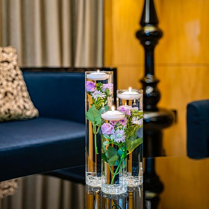 Purple Rose Floating Flowers for Table Centerpieces Glass Cylinder Vases Fillers Set with Floating Candles and Fake Ice Cubes for Wedding Party Home Pool Bar Restaurant Festival Decoration