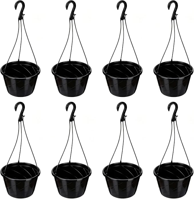 8 Pcs 10 Inch Modern Euro Swirl Hanging Planter Uv-Resistant Plastic Hanging Basket Smart Drainage Lightweight Indoor Outdoor Flower Pots for Garden Porch Balcony Patio Home Decor (Black)