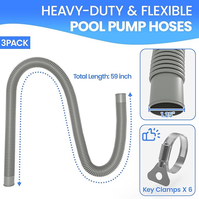 Poolvio Pool Hoses for Above Ground Pools 1.25" Diameter x 59" Long, 3-Pack, Heavy Duty UV Resistant & Leak-Proof Pool Pump Hoses with 6 Metal Thumb Clamps, Fits Intex Filter Pump 607/637